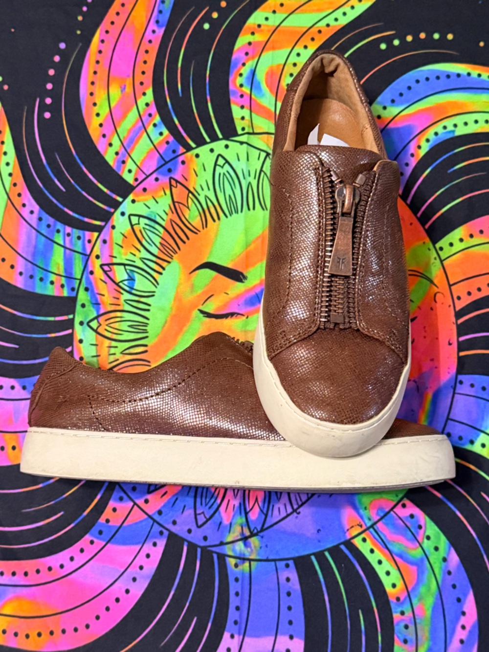 Frye Brown Leather Zip-Front Slip-On Flats - Picture 3 of 11